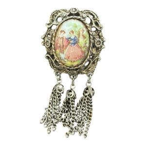 VTG Victorian Painting Brooch Pendant Cameo w/Tassels Colorful Two Women Golden